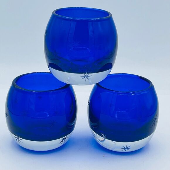 Cobalt Blue Starburst Etched Stars Glittery Glass Votive Candle Holder Poland - Picture 11 of 12